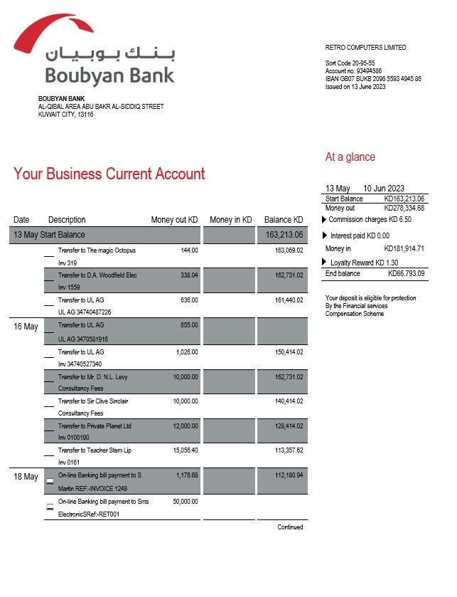 Modèle Word et PDF de relevé de compte d'entreprise de Boubyan Bank
